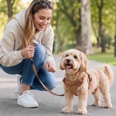 Harnais chien femme accroupi pres de son chien qui porte le harnais marron