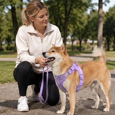Harnais chien femme avec son husky blond prtant son harnais violet