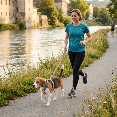 Harnais chien femme courant avec son beagle qui porte son harnais