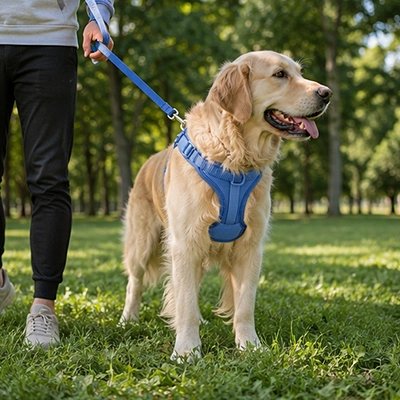 Harnais chien golden retriver blond en promenade avec son harnais bleu