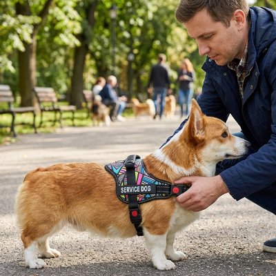 Harnais chien homme ajustant le harnais de son chien 