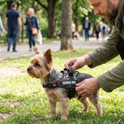 Harnais chien homme entrain d'ajuster le harnais de son petit yorkshire