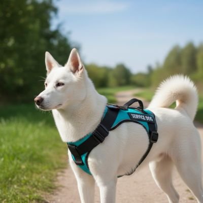 Harnais chien  husky blanc avec son harnais bleu attendant sa promenade