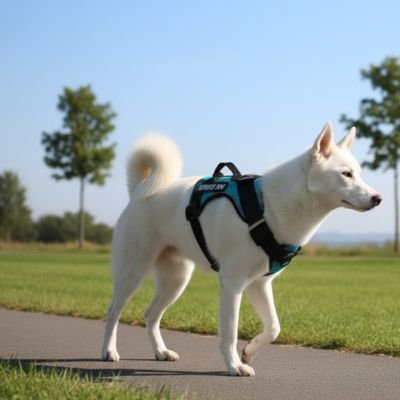 Harnais chien husky blanc courant avec son harnais noir