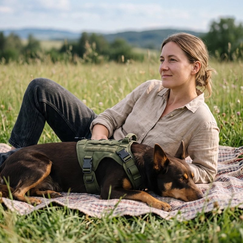 Harnais chien jeune berger coucher sur une couverture avec son maitre et son harnais vert