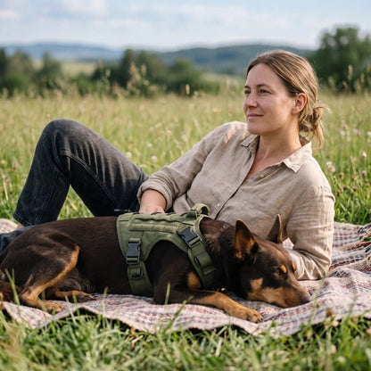 Harnais chien jeune berger coucher sur une couverture avec son maitre et son harnais vert