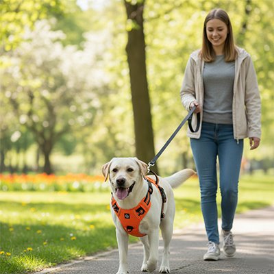 Harnais chien Labrador blond avec son harnais orange durant sa promenade dans un parc