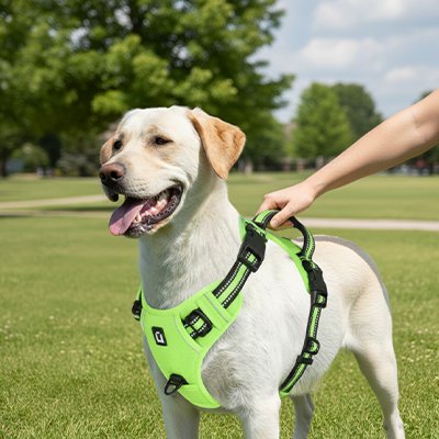 Harnais chien labrador blond avec son harnais vert dans un parc