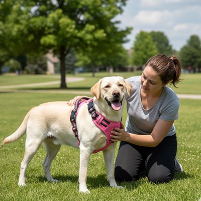 Harnais chien labrador blond pres de sa maitresse avec son harnais rose