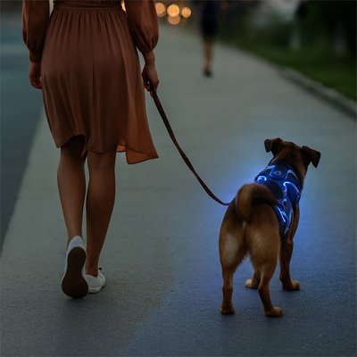 Harnais chien petit chien en promenade avec son harnais bleu