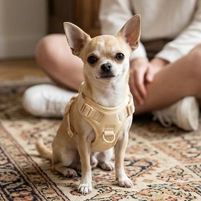 Harnais chien petit chiwawa beige portant fièrement son harnais beige