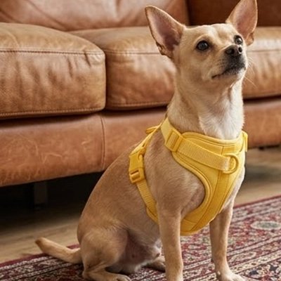 Harnais chien petit chiwawa portant son harnais jaune juste avant une promenade