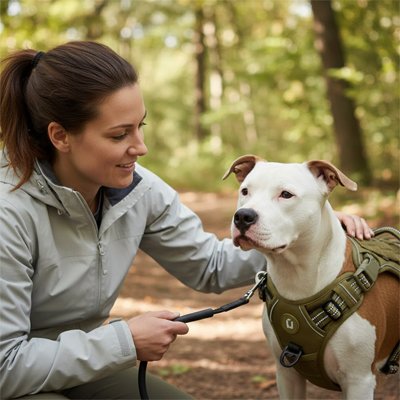 Harnais chien pitt bull avec son harnais kaki dans la foret