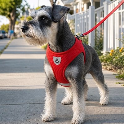 Harnais chien schnauzer avec son harnais rouge flamboyant