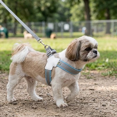 Harnais chien shih tzu blanc et beige en promenade avec son harnais bleu/gris