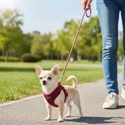 Harnais chiot chiwawa blond en promenade avec son harnais rouge 
