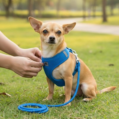 Harnais chiot chiwawa blond se fesant mettre son harnais bleu par son maitre 