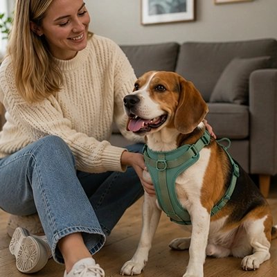 Harnais pour Chien beagle assis avec son maitresse avec son harnais vert