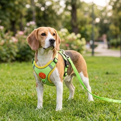 Harnais pour Chien beagle portant fierement son haarnais vert