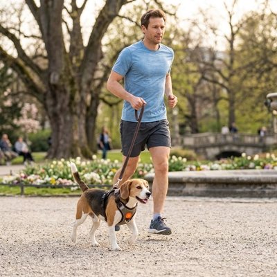 Harnais pour Chien beagle vesant la course avec son maitre et son harnais 