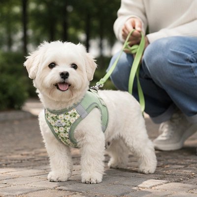 Harnais pour Chien bichon dans un parc avec son harnais vert