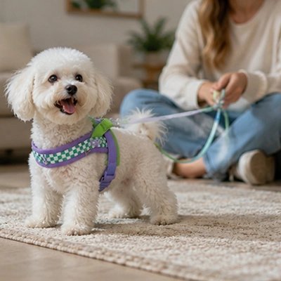 Harnais pour Chien bichon essayant son harnais avant la promenade