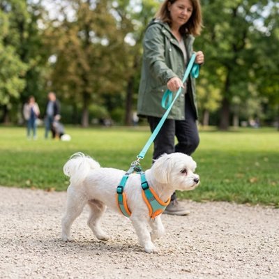 Harnais pour Chien bichon maltais en promenade avec son maitre
