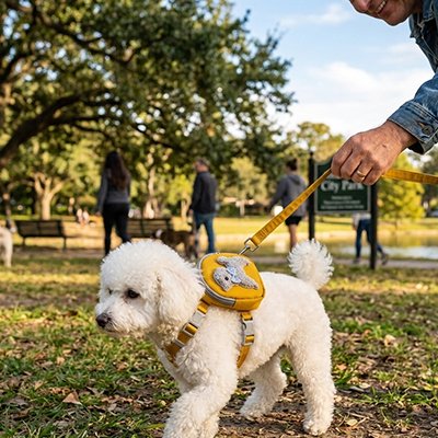 Harnais pour chien caniche au parc avec son harnais jaune