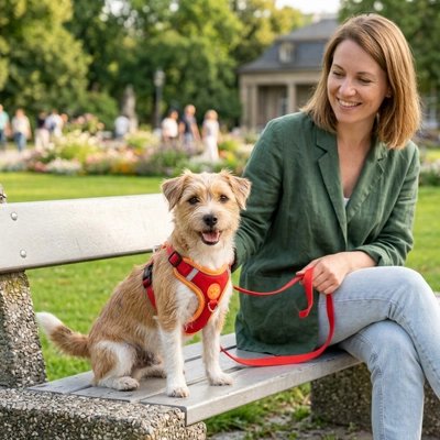 Harnais pour Chien chien assis dans un parc avec son harnais rouge