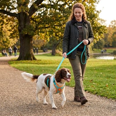 Harnais pour Chien chien de chasse en promenade avec son maitre avec son harnais orange et vert