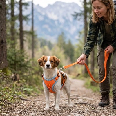 Harnais pour Chien femme avec son petit chien brun et blanc avec son harnais orange