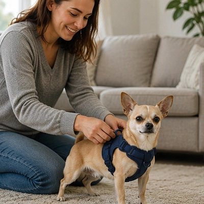 Harnais pour Chien femme entrain de mettre le harnais bleu de son chiwawa