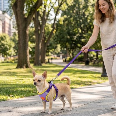 Harnais pour Chien femme promenant sin petit vhien blond avec son harnais violet