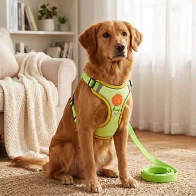 Harnais pour Chien golden montrant fieremeny son harnaos vert