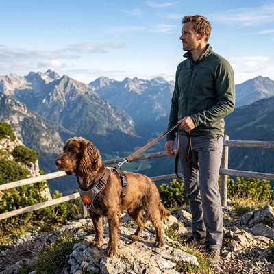 Harnais pour Chien grand chien de chasse pres d,une fallaisse avec son maitre et son harnais gris