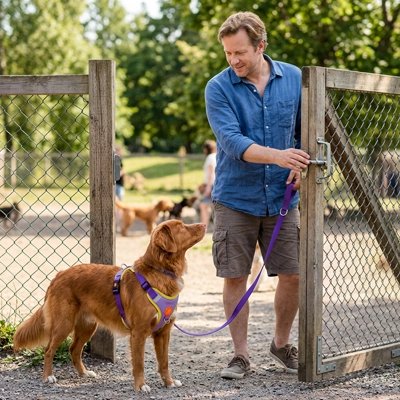 Harnais pour Chien homme promenant son golden avec son harnais violet