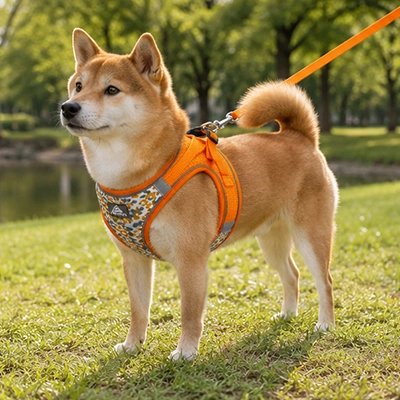 Harnais pour Chien husky dans un parc avec son harnais orange