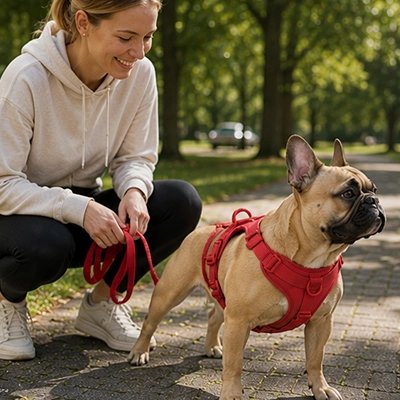 Harnais pour Chien pog pres a partir en promenade avec son harnais rouge