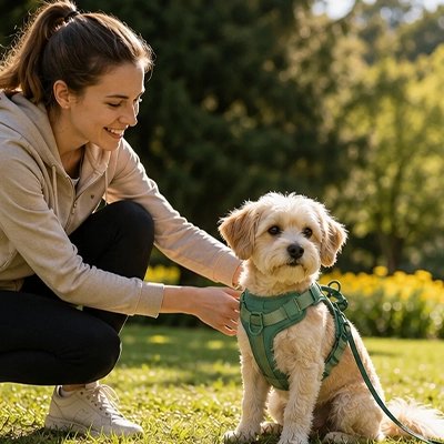 Harnais pour Chien shih tzu assis dans un parc avec son harnais vert 