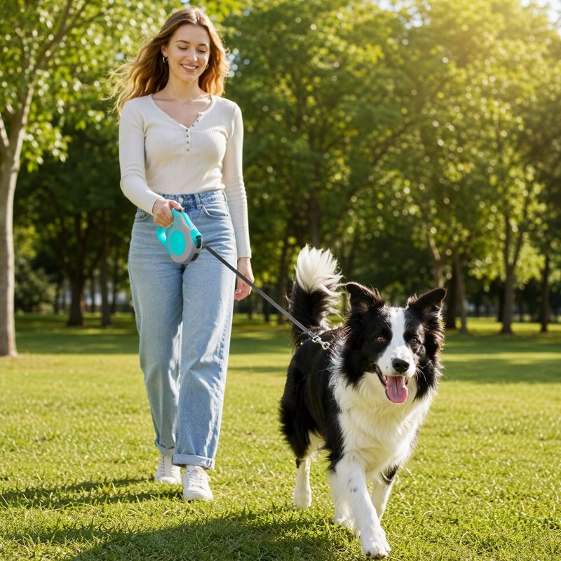 Laisse Chien berger australien en promenade dans un parc avec la laisse bleu