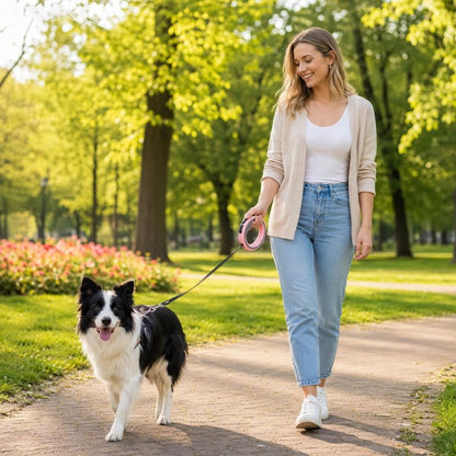 Laisse Chien bergerr australien en promenade dans un parc avec sa maitresse et la lausse rose
