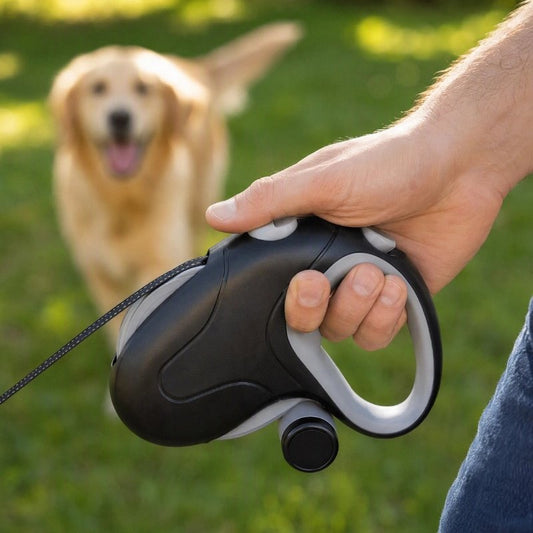 Laisse Chien démonstration de la laisse rétractable noir et grise 
