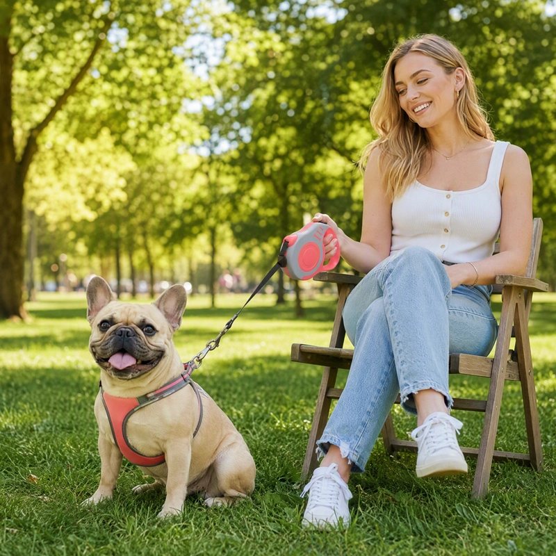 Laisse Chien femme assis dans un parc avec son pog et la laisse rouge