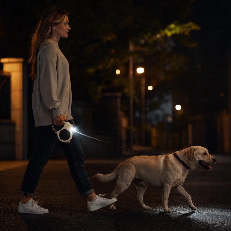 Laisse Chien femme promenant son chien le soir qui eclaire son chemin avec la laise
