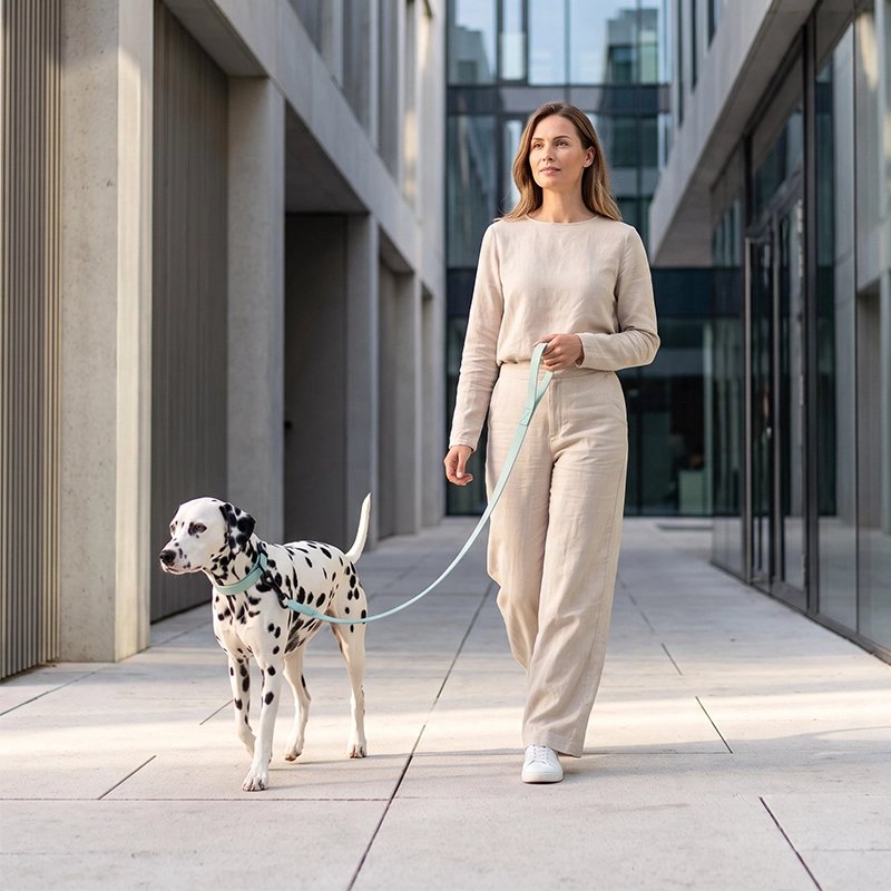 Laisse Chien femme promenant son dalmatien au centre ville avec la laisse verte