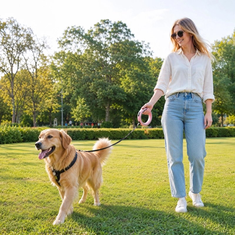 Laisse Chien femme promenant son golden retriver dan un parc avec la laisse rose