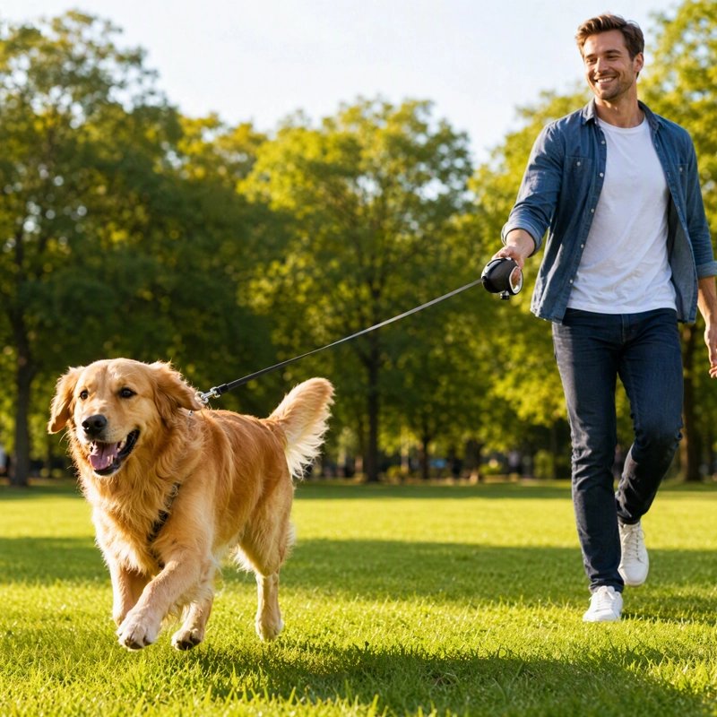 Laisse Chien golden retriver dans un parc avec la laisse retractable