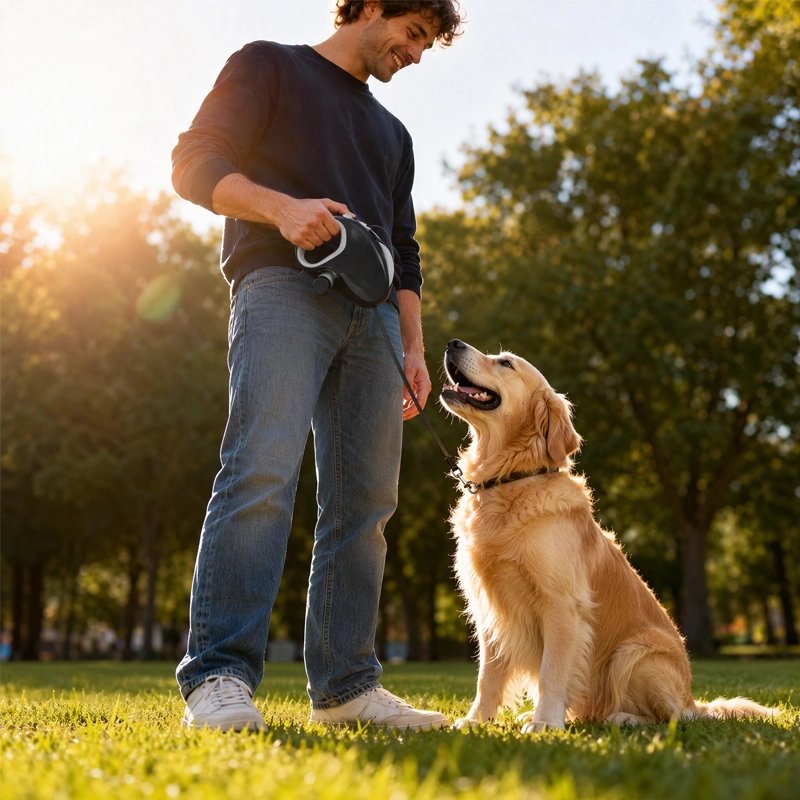 Laisse Chien golden retriver dans un parc avec sa laisse retractable et son maitre