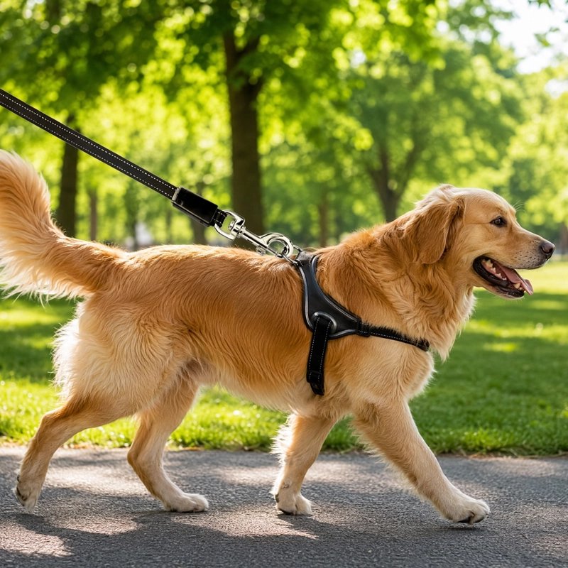 Laisse Chien golden retriver en promenade dans un parc avec la laisse retractable
