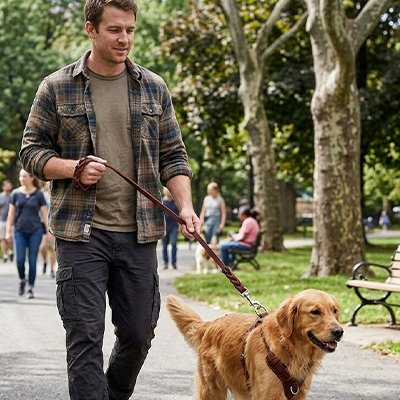 Laisse chien homme en promenade avec son chien dans un parc 